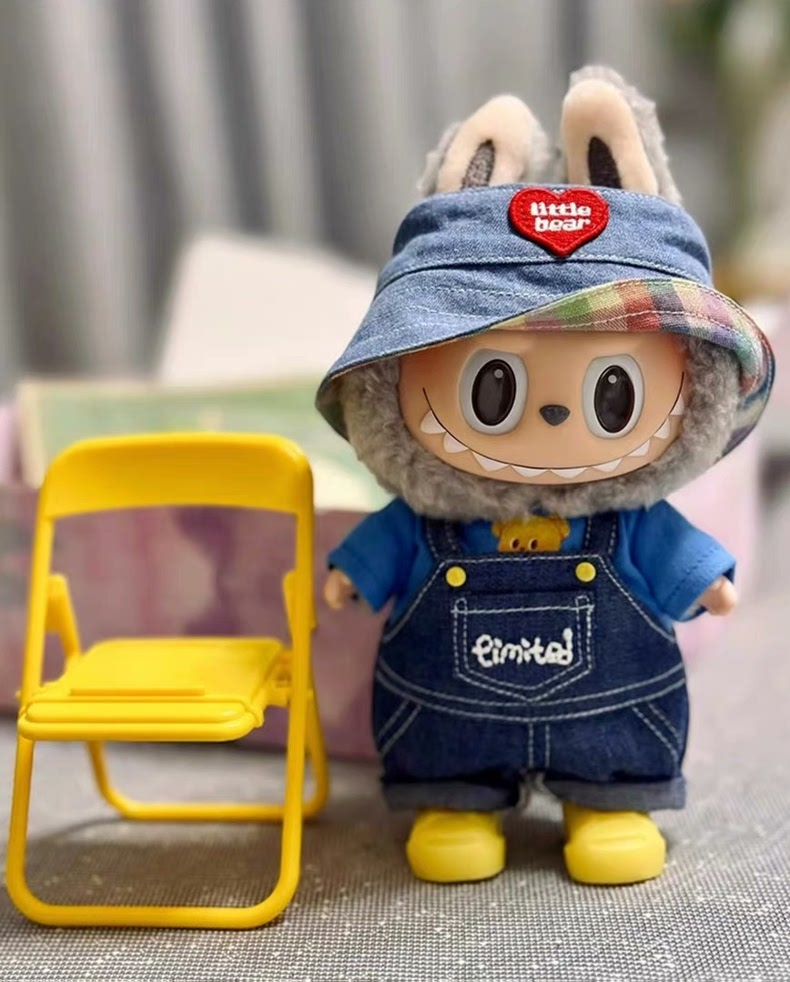 Charming Labubu Doll Outfit: Stylish Denim Overalls & Heart Bear Hat for 17CM Dolls - Image 3