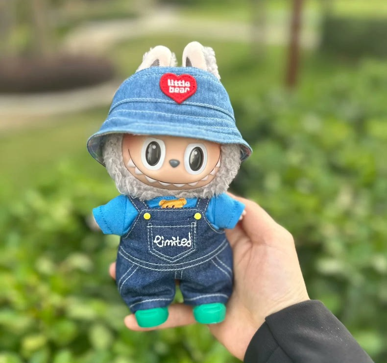 Charming Labubu Doll Outfit: Stylish Denim Overalls & Heart Bear Hat for 17CM Dolls - Image 4