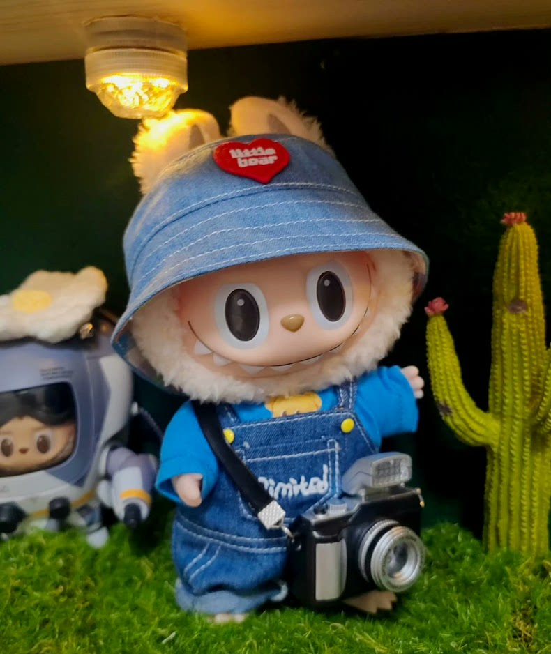 Charming Labubu Doll Outfit: Stylish Denim Overalls & Heart Bear Hat for 17CM Dolls - Image 5