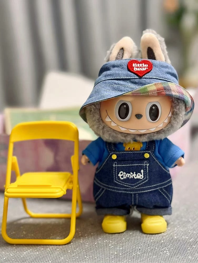 Charming Labubu Doll Outfit: Stylish Denim Overalls & Heart Bear Hat for 17CM Dolls - Image 7