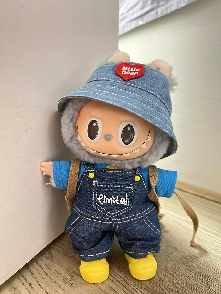 Charming Labubu Doll Outfit: Stylish Denim Overalls & Heart Bear Hat for 17CM Dolls - Image 8