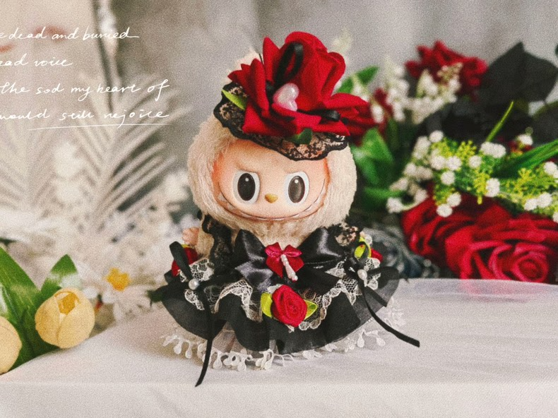 Elegant Red & Black Rose Labubu Doll Outfit – Luxurious Satin & Lace Design for Collectors - Image 1
