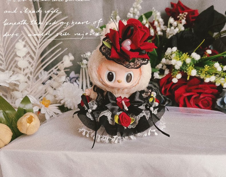 Elegant Red & Black Rose Labubu Doll Outfit – Luxurious Satin & Lace Design for Collectors - Image 3