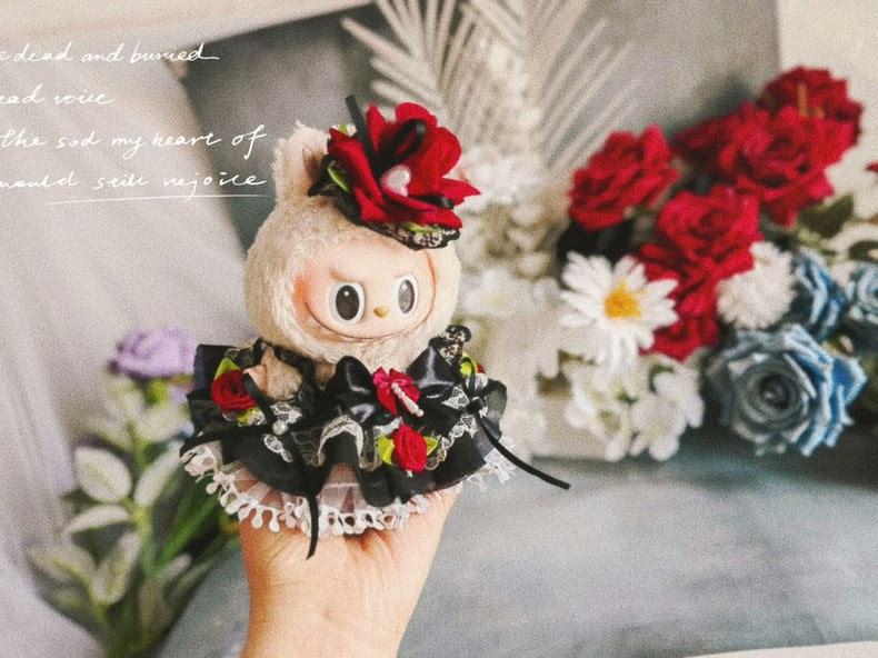 Elegant Red & Black Rose Labubu Doll Outfit – Luxurious Satin & Lace Design for Collectors - Image 5