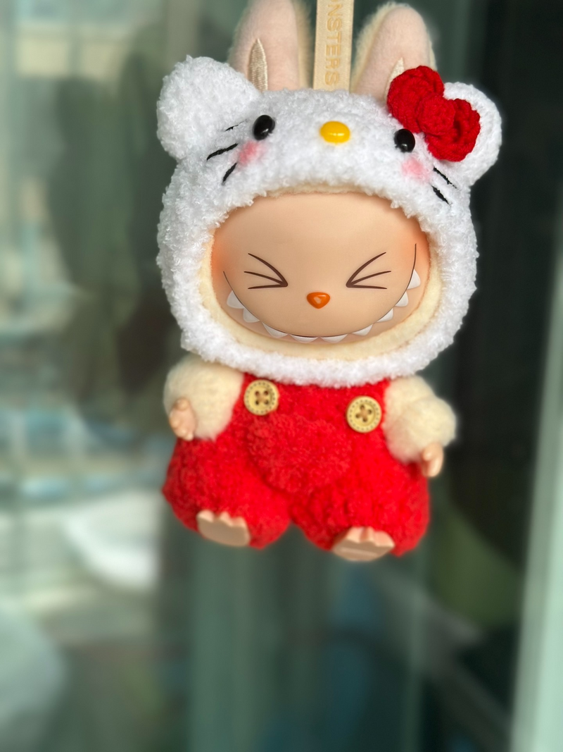 Whimsical Hello Kitty Labubu Doll Outfit – Playful Hat & Vibrant Overalls for Collectors - Image 1