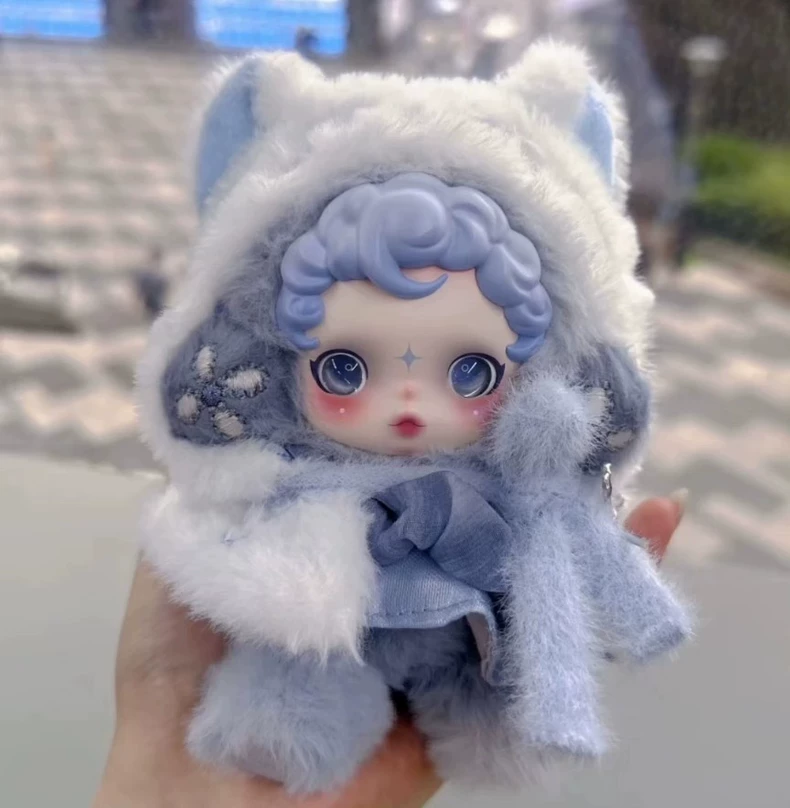 Whimsical Winter Skullpanda Outfit – Plush Pastel Blue Doll Clothes with Fur Trim & Detachable Accessories - Image 1