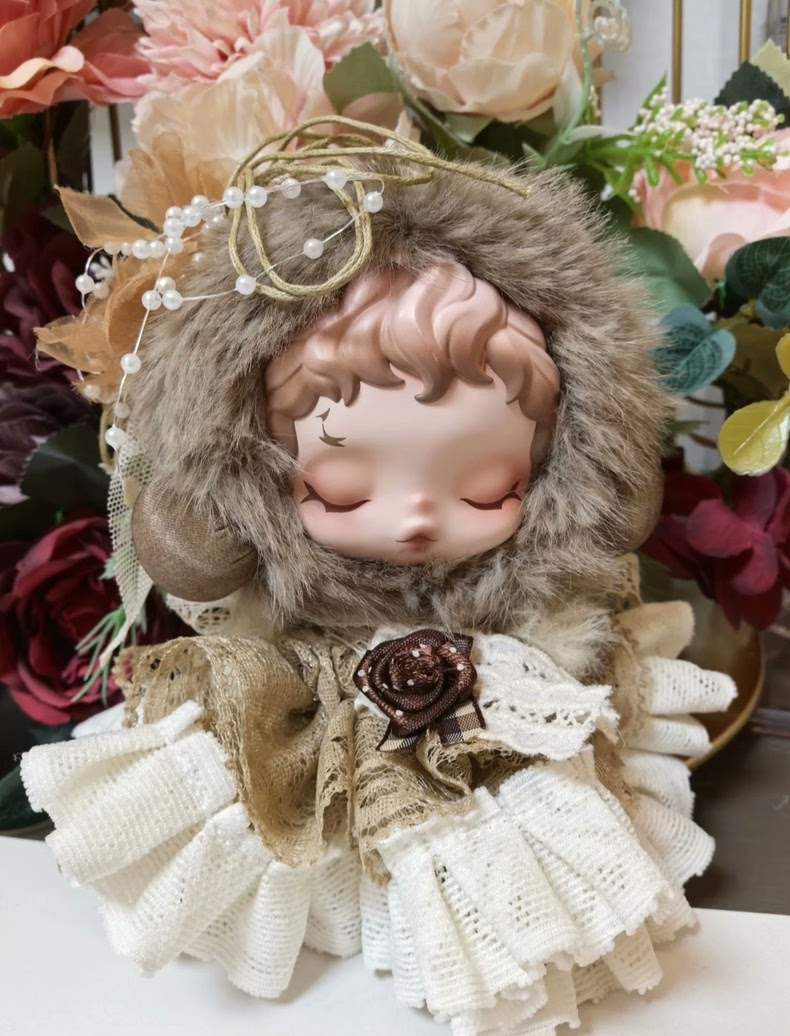 Whimsical Skullpanda Doll Outfit – Elegant Lace & Plush Ensemble with Floral Accents - Image 1