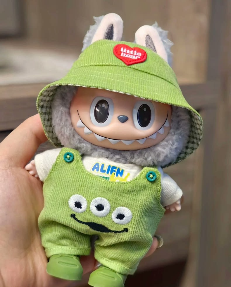 Charming LABUBU Doll Outfit Set: Green Corduroy Hat, Shirt & Overalls for 17cm Dolls – Handmade & Whimsical - Image 2