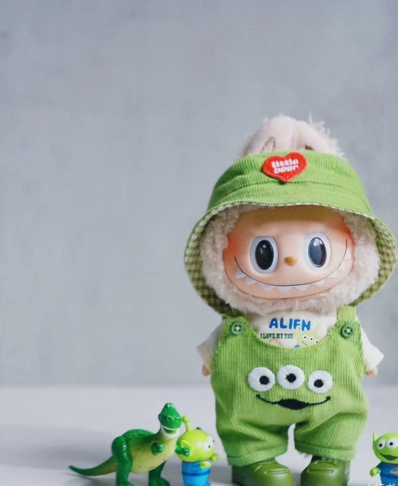 Charming LABUBU Doll Outfit Set: Green Corduroy Hat, Shirt & Overalls for 17cm Dolls – Handmade & Whimsical - Image 4