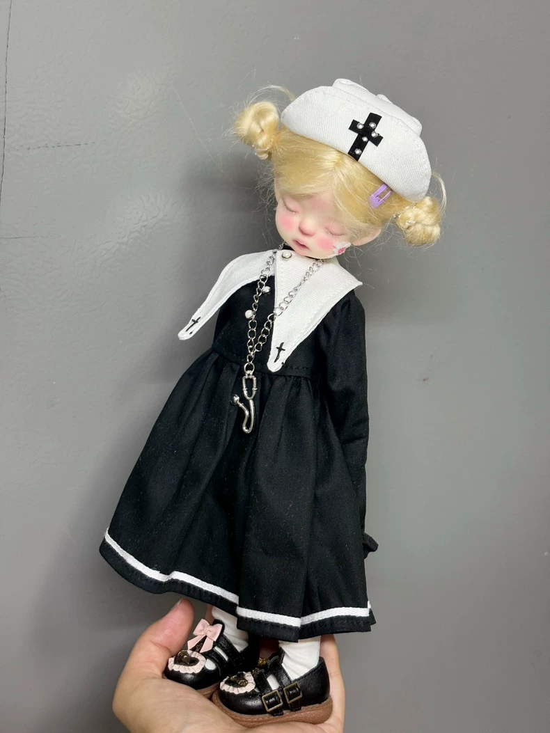BLYTHE Doll Nurse Outfit Premium Handmade Black & White Ensemble w/ Hat & Cross Pendant 6 Inch - Image 1