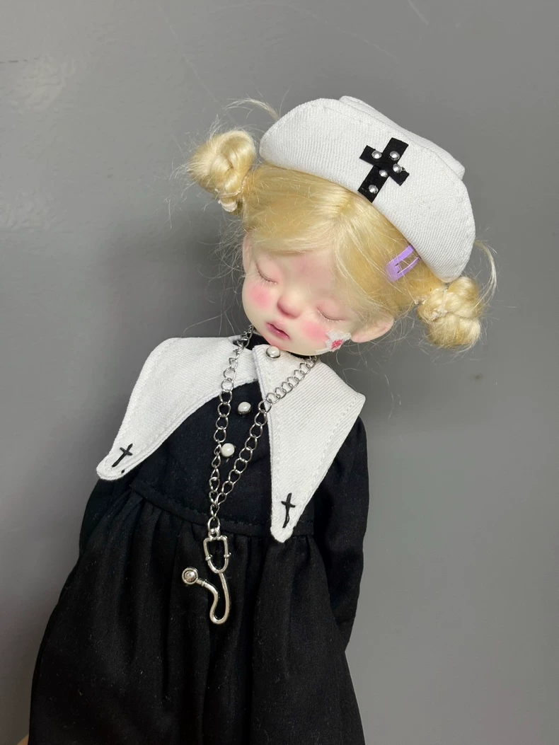 BLYTHE Doll Nurse Outfit Premium Handmade Black & White Ensemble w/ Hat & Cross Pendant 6 Inch - Image 2