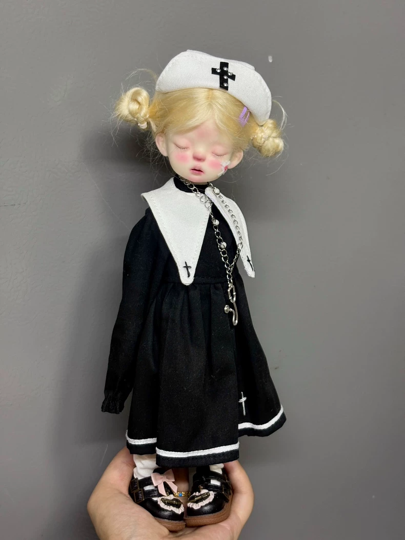 BLYTHE Doll Nurse Outfit Premium Handmade Black & White Ensemble w/ Hat & Cross Pendant 6 Inch - Image 7