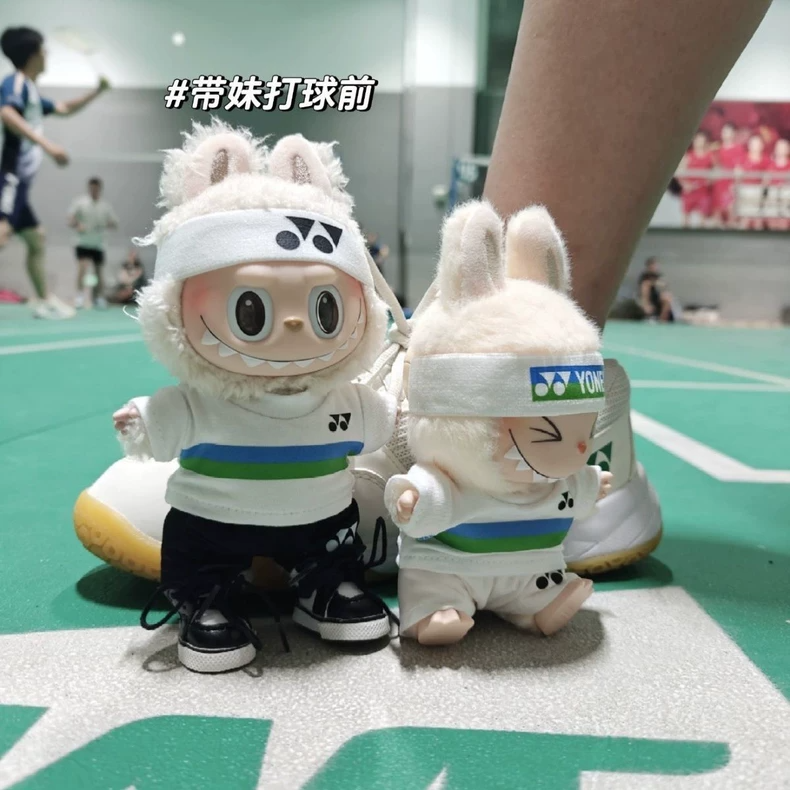 Sporty Labubu Tennis Outfit – Striped Shirt, Shorts & Accessories for 17cm Dolls - Image 1