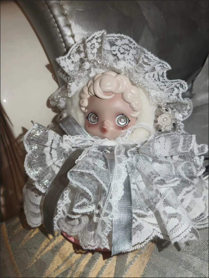 Exquisite Skullpanda Doll Outfit: Elegant Lace & Faux Fur with Silver Accents – Collector’s Dream - Image 1