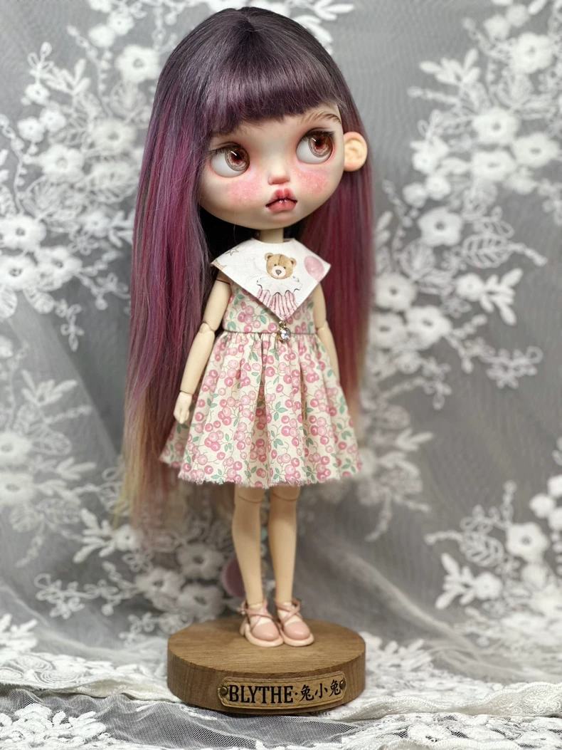 Charming Cherry Blythe Doll Dress with Teddy Bear Collar – Fits ob22, ob24, az Bodies - Image 1