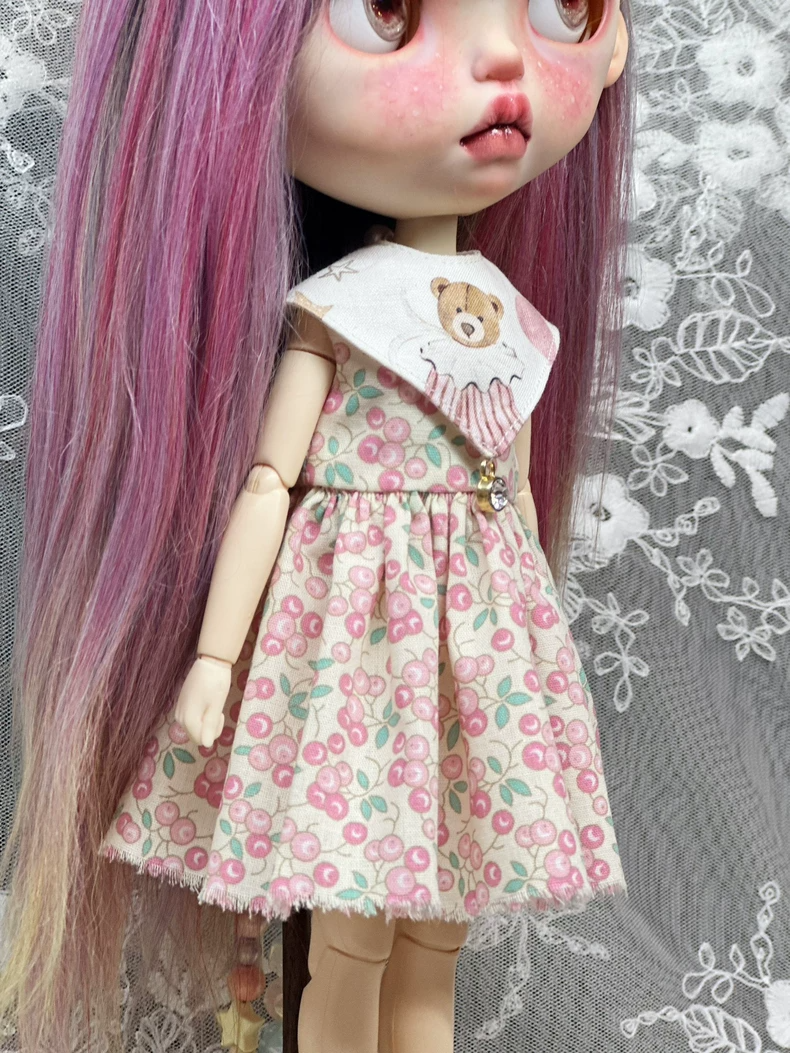 Charming Cherry Blythe Doll Dress with Teddy Bear Collar – Fits ob22, ob24, az Bodies - Image 8
