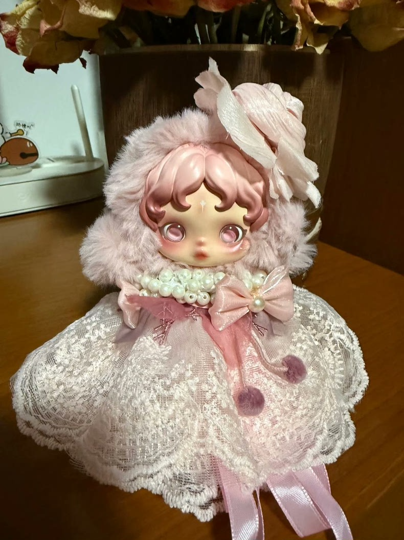 Whimsical Skullpanda Lace Outfit – Pastel Elegance with Pearls & Faux Fur | Collector’s Dream - Image 1
