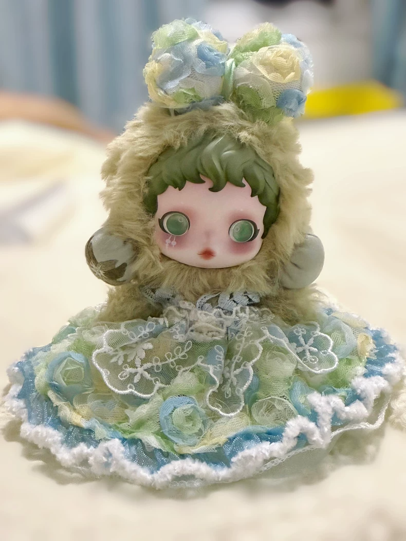 Whimsical Winter Skullpanda Outfit – Elegant Blue-Green Lace Dress for SP & Labubu Dolls - Image 1