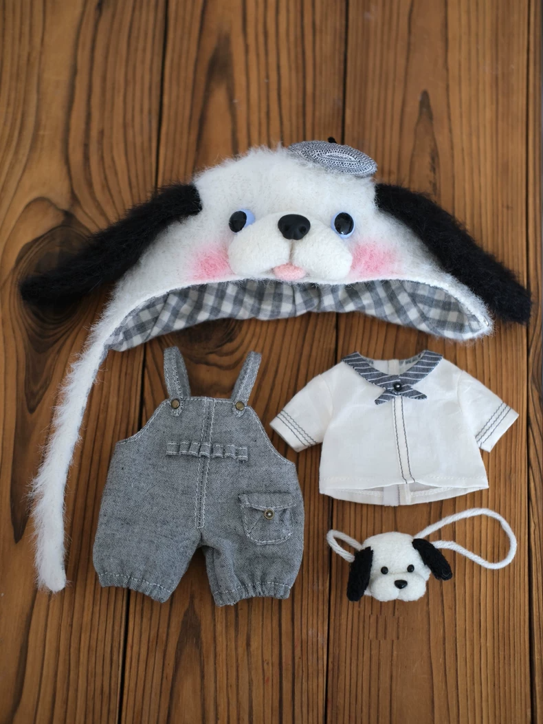 Adorable Dog-Themed Outfit for Zsiga BJD 1/8 Doll – Playful Hat, Overalls & Backpack – Gray & Pink - Image 2