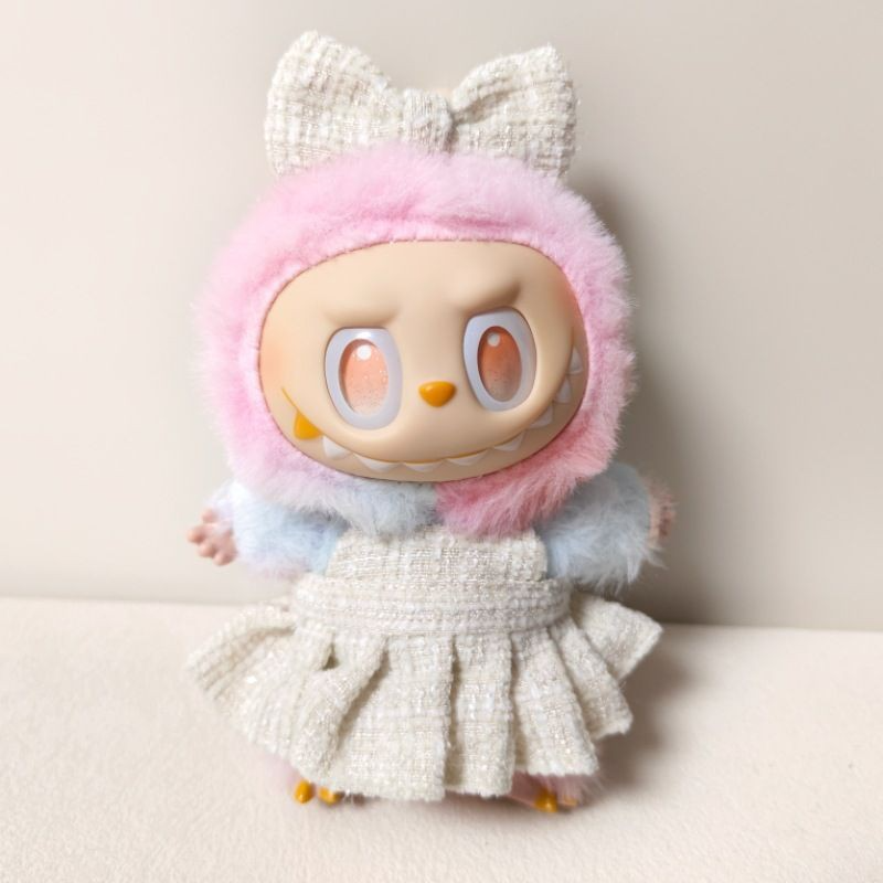 Charming Labubu Doll Outfit: Butterfly Knot Headband & Printed Dress for 17cm Dolls – Blue, Beige & Pink Styles - Image 5