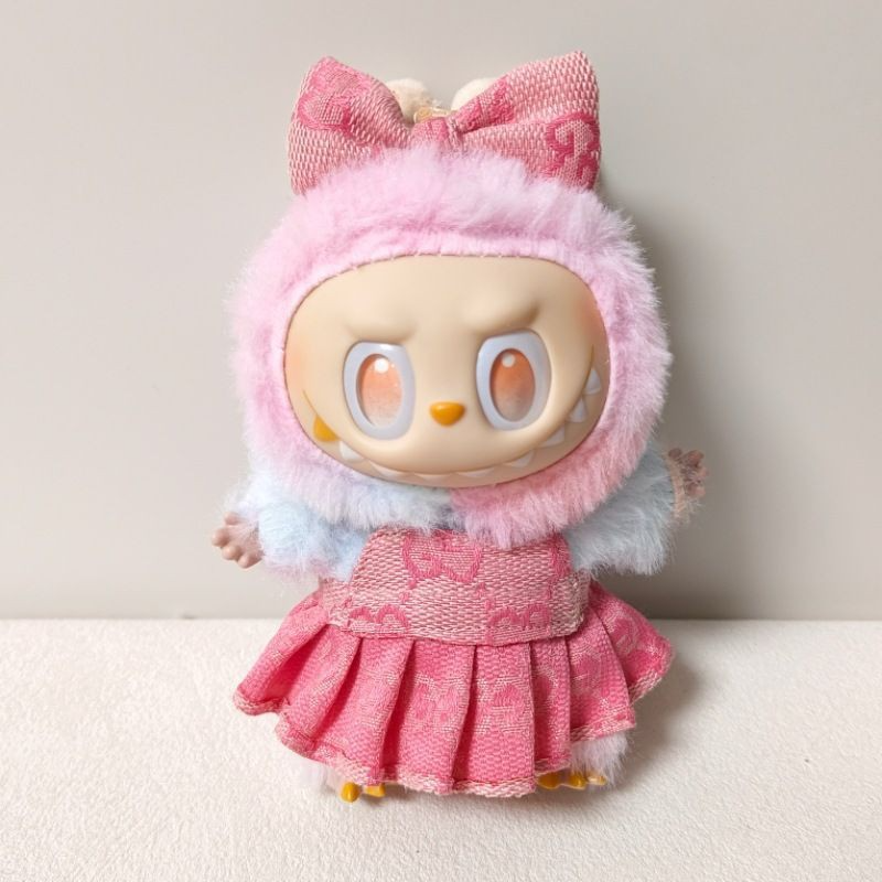 Charming Labubu Doll Outfit: Butterfly Knot Headband & Printed Dress for 17cm Dolls – Blue, Beige & Pink Styles - Image 6