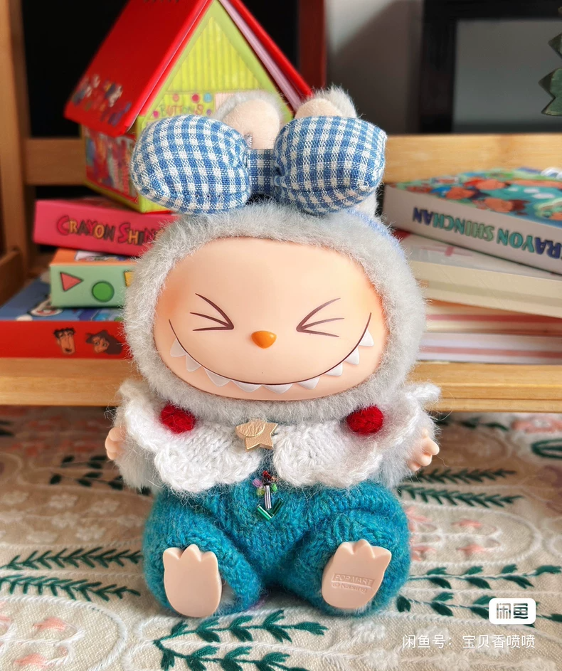 Handmade LABUBU Doll Outfit: Premium Wool Bow Tie, Collar & Overalls for 17cm Dolls - Image 2