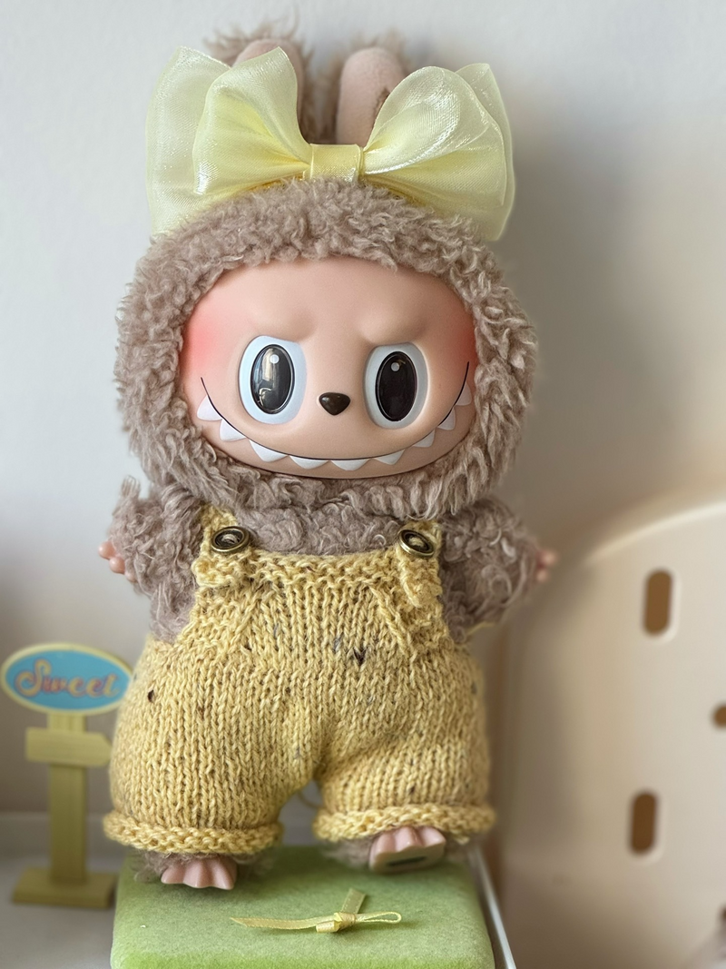 Handmade Labubu Doll Outfit: Knitted Overalls & Sheer Bow Headband in Sunny Yellow & Beige - Image 1