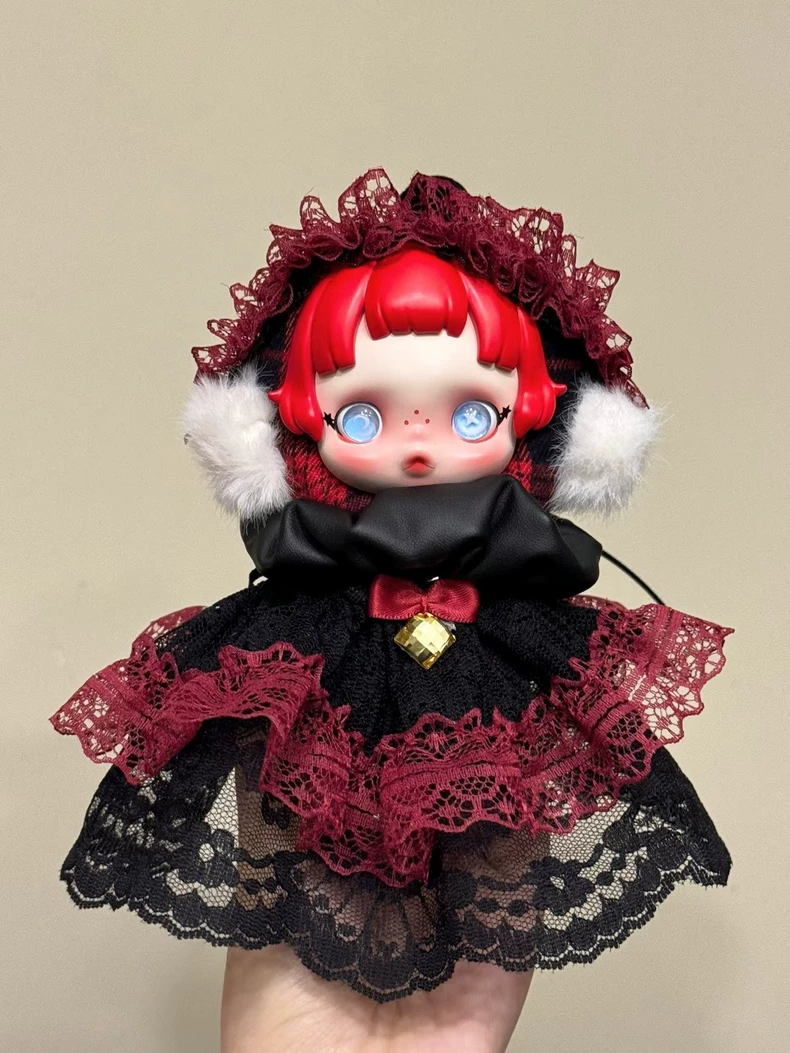 SkullPanda Gothic Chic Outfit: Luxe Burgundy & Black Lace Faux Fur Doll Ensemble - Image 1