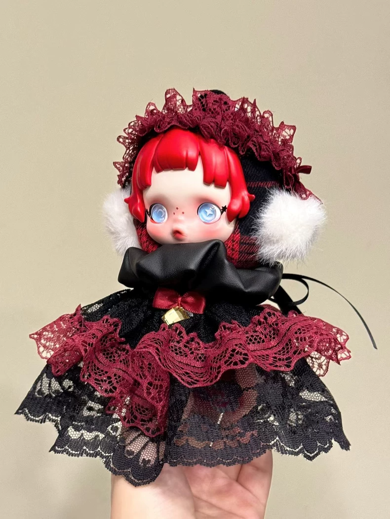 SkullPanda Gothic Chic Outfit: Luxe Burgundy & Black Lace Faux Fur Doll Ensemble - Image 2