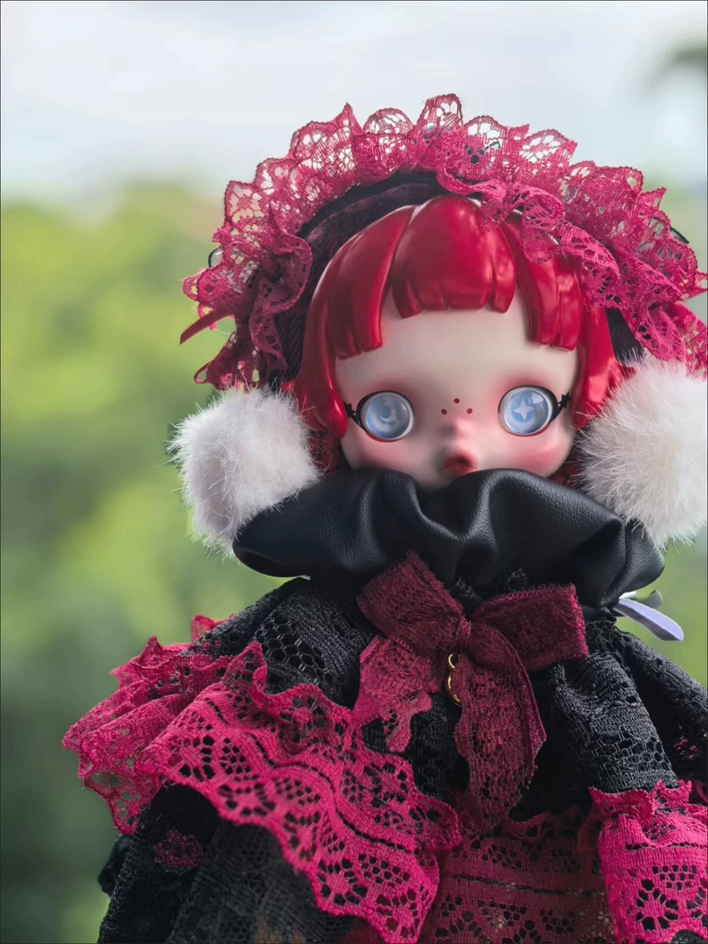 SkullPanda Gothic Chic Outfit: Luxe Burgundy & Black Lace Faux Fur Doll Ensemble - Image 3
