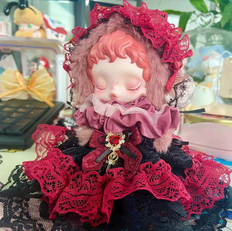 SkullPanda Gothic Chic Outfit: Luxe Burgundy & Black Lace Faux Fur Doll Ensemble - Image 4