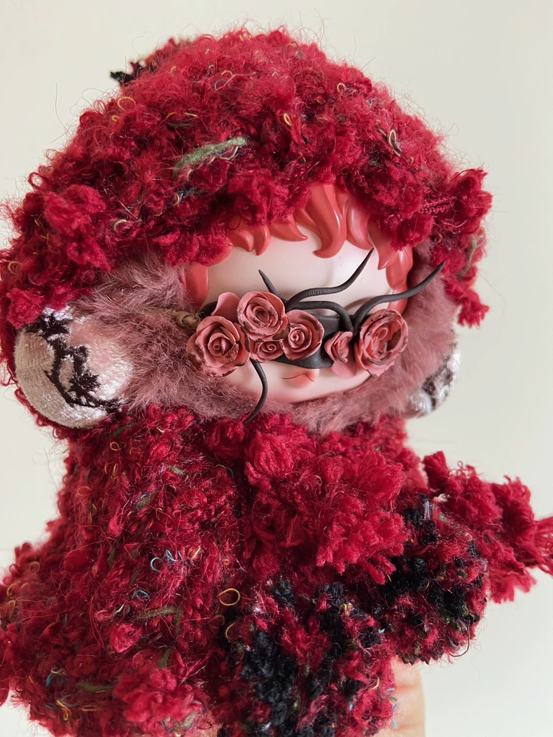Skullpanda Hooded Cloak with Handmade Eye Mask – Vibrant Red Yarn Doll Accessory for Collectors - Image 1