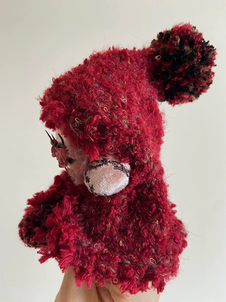 Skullpanda Hooded Cloak with Handmade Eye Mask – Vibrant Red Yarn Doll Accessory for Collectors - Image 3