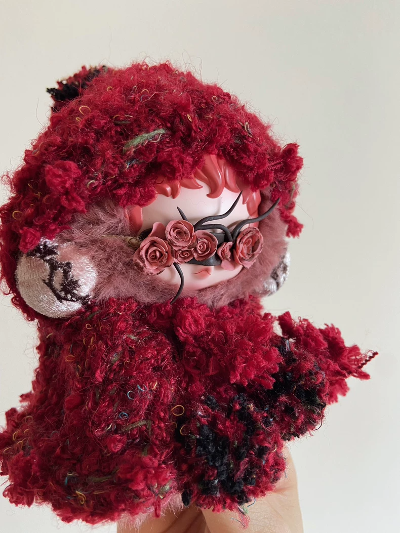 Skullpanda Hooded Cloak with Handmade Eye Mask – Vibrant Red Yarn Doll Accessory for Collectors - Image 5