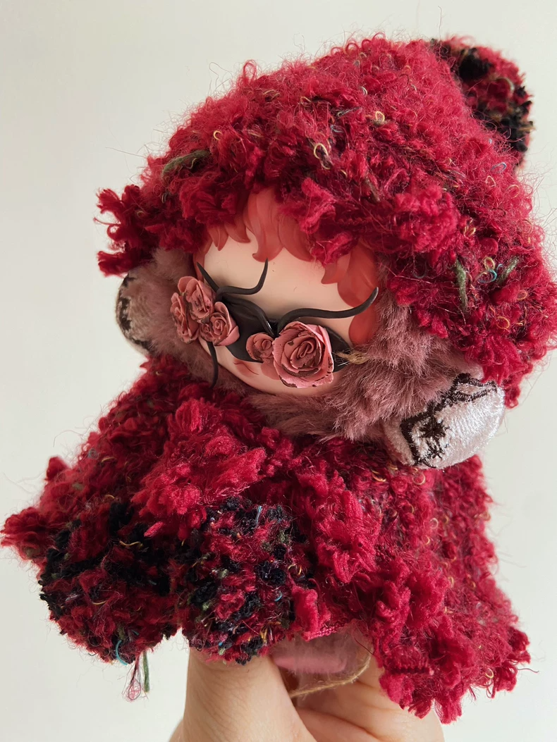 Skullpanda Hooded Cloak with Handmade Eye Mask – Vibrant Red Yarn Doll Accessory for Collectors - Image 6