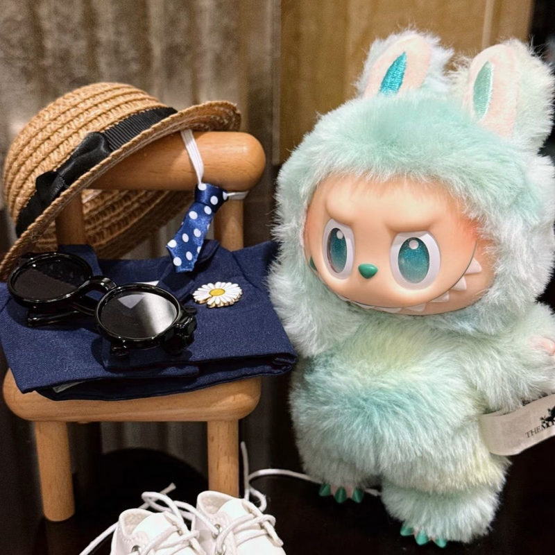 Stylish LABUBU Doll Outfit: Black & Blue Suit Set with Hat & Daisy Brooch for 17cm Dolls - Image 2
