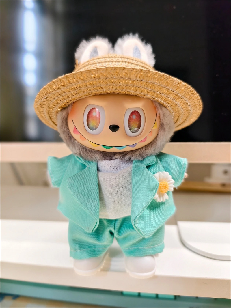 Stylish LABUBU Doll Outfit: Black & Blue Suit Set with Hat & Daisy Brooch for 17cm Dolls - Image 5