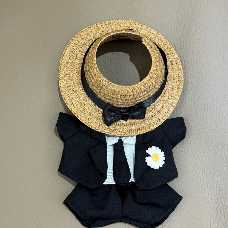 Stylish LABUBU Doll Outfit: Black & Blue Suit Set with Hat & Daisy Brooch for 17cm Dolls - Image 7