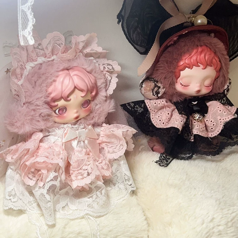 Whimsical Skullpanda Doll Outfit: Black & Pink Lace Dress with Bows & Pearl Accents - Image 2