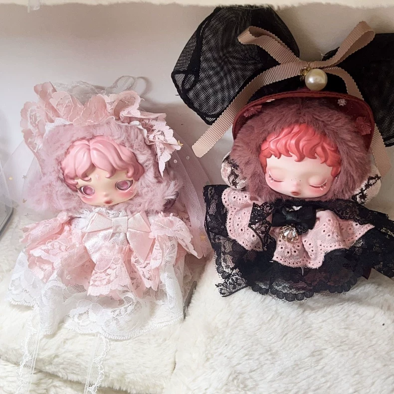 Whimsical Skullpanda Doll Outfit: Black & Pink Lace Dress with Bows & Pearl Accents - Image 3