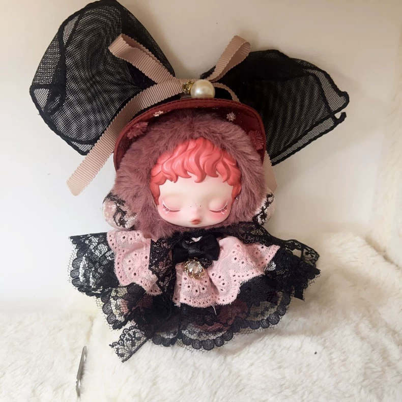 Whimsical Skullpanda Doll Outfit: Black & Pink Lace Dress with Bows & Pearl Accents - Image 4