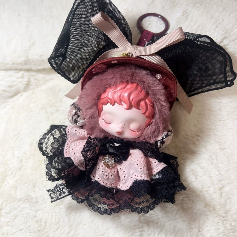 Whimsical Skullpanda Doll Outfit: Black & Pink Lace Dress with Bows & Pearl Accents - Image 5