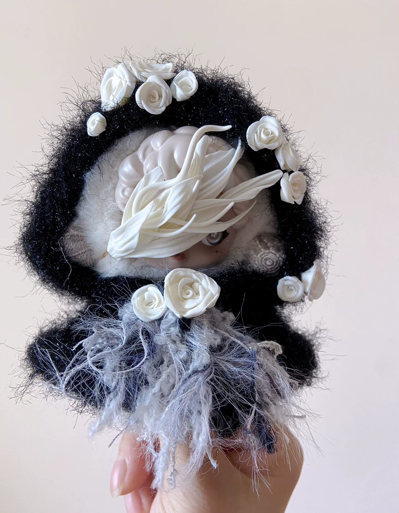 Skullpanda Elegance Outfit: Plush Black Hood with White Roses – Premium Collector’s Doll Fashion - Image 3