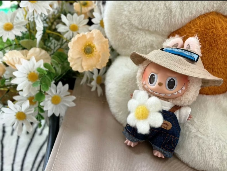 Adorable LABUBU Doll Outfit – Denim Overalls, Hat & Flower Accessory | Premium Fit - Image 2
