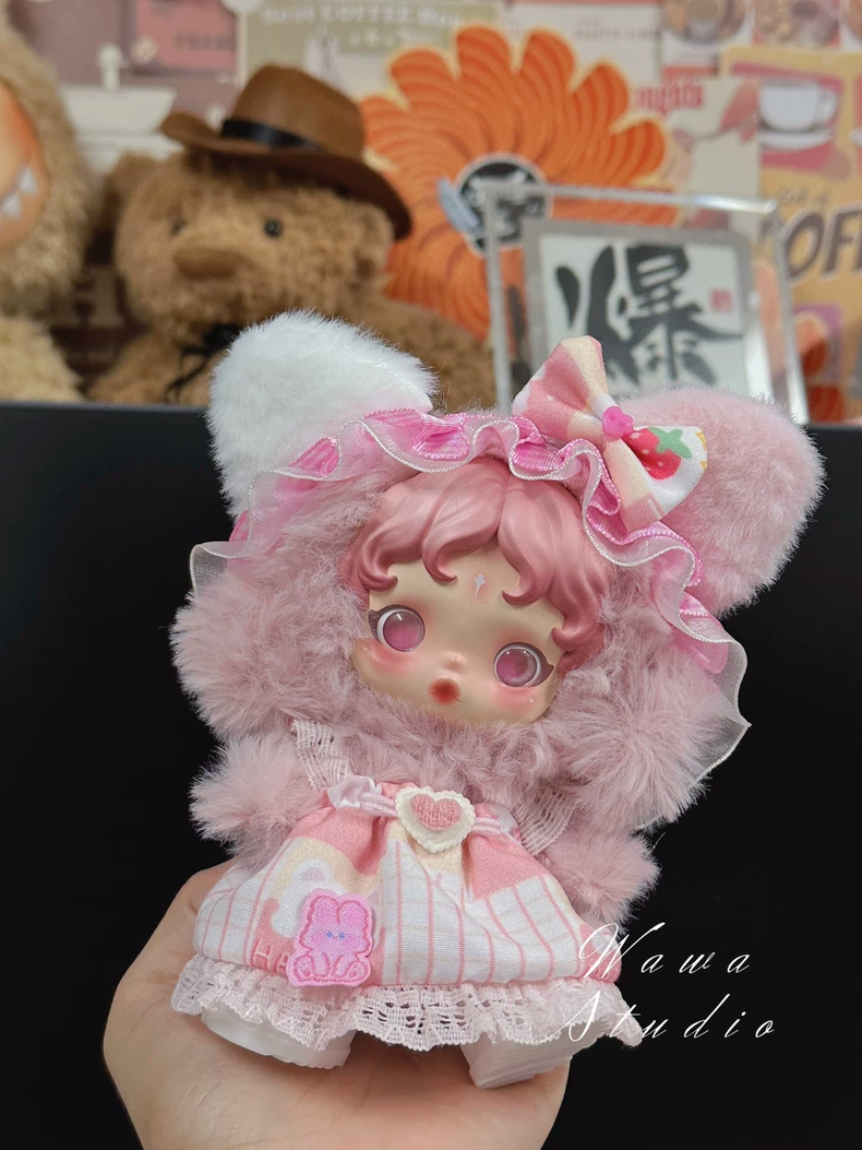 Charming Skullpanda Doll Outfit: Pink Plush Coat & Skirt Set with Playful Details - Image 1