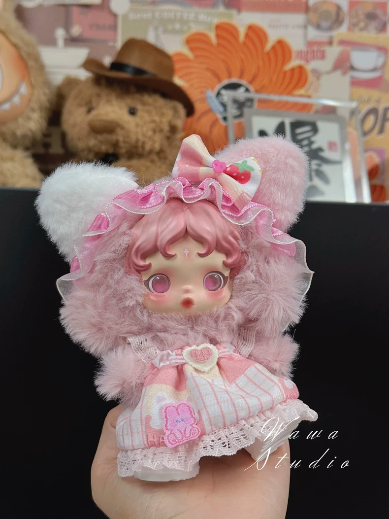 Charming Skullpanda Doll Outfit: Pink Plush Coat & Skirt Set with Playful Details - Image 2