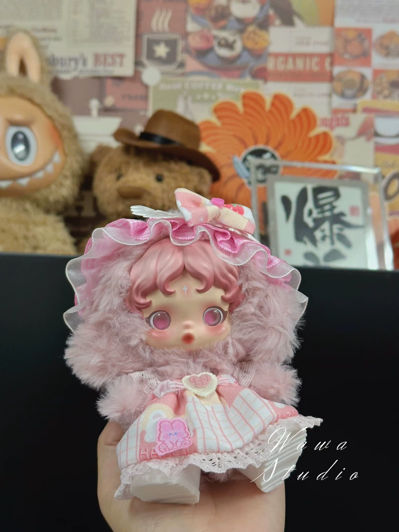 Charming Skullpanda Doll Outfit: Pink Plush Coat & Skirt Set with Playful Details - Image 3
