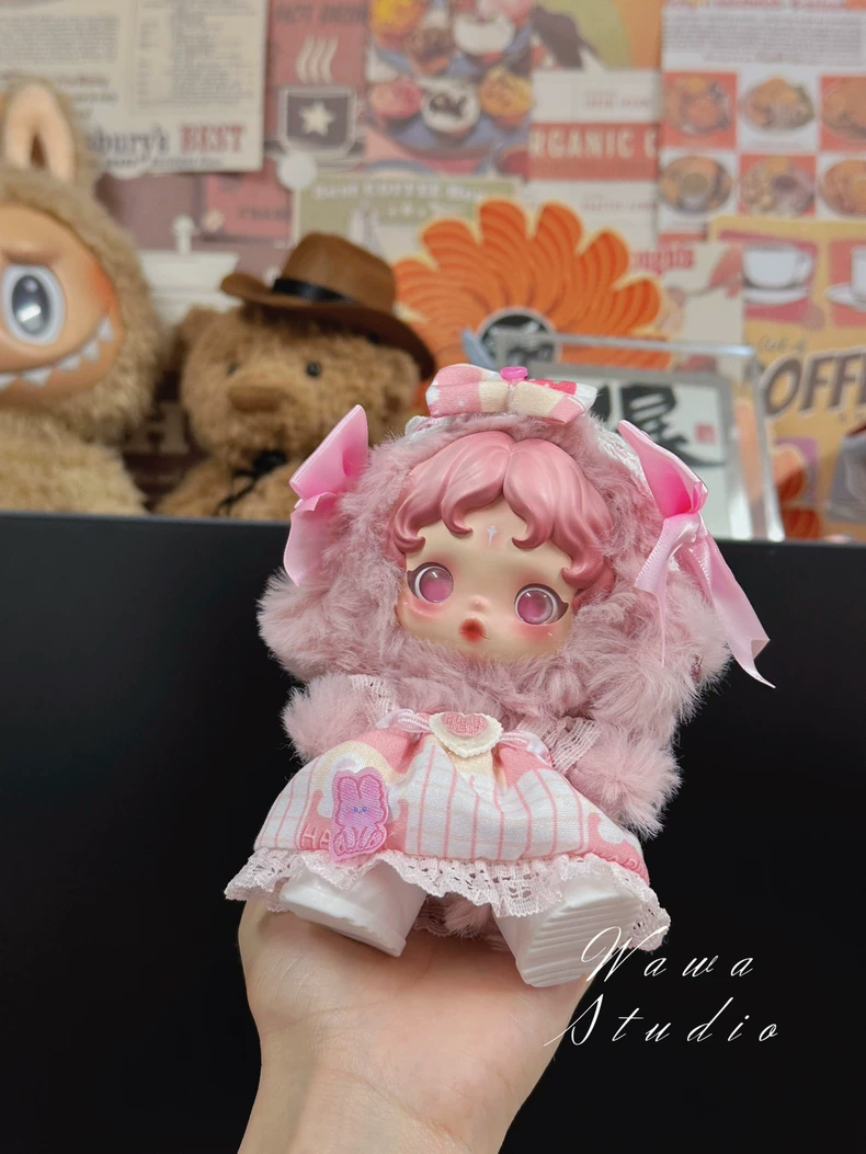 Charming Skullpanda Doll Outfit: Pink Plush Coat & Skirt Set with Playful Details - Image 4