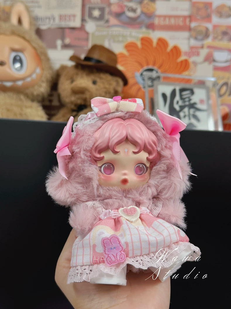 Charming Skullpanda Doll Outfit: Pink Plush Coat & Skirt Set with Playful Details - Image 5
