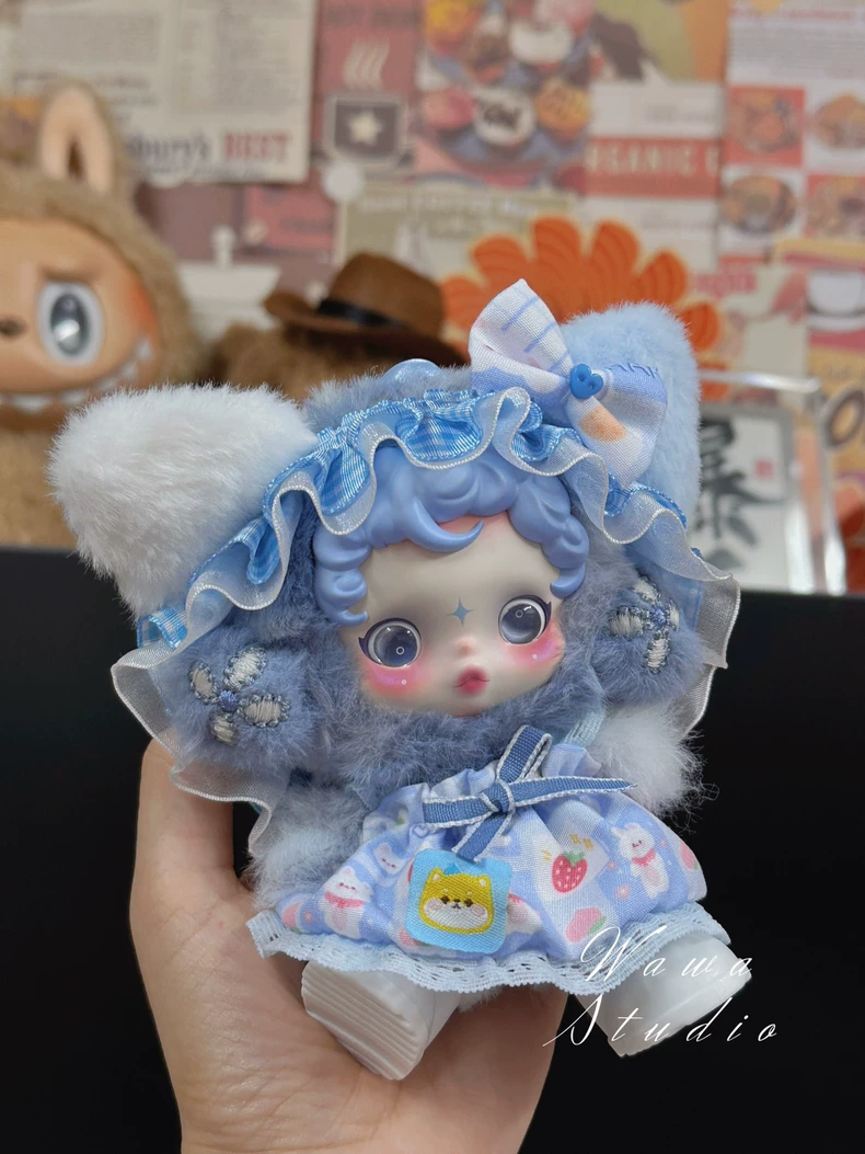 Charming Skullpanda Doll Outfit – Pastel Blue & White Lace Skirt with Strawberry Print | Adjustable & Detachable - Image 1